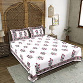 Pink Petal Bloom Hand Block Print Double Bedsheet Set - Pure Cotton with 2 Pillow Covers